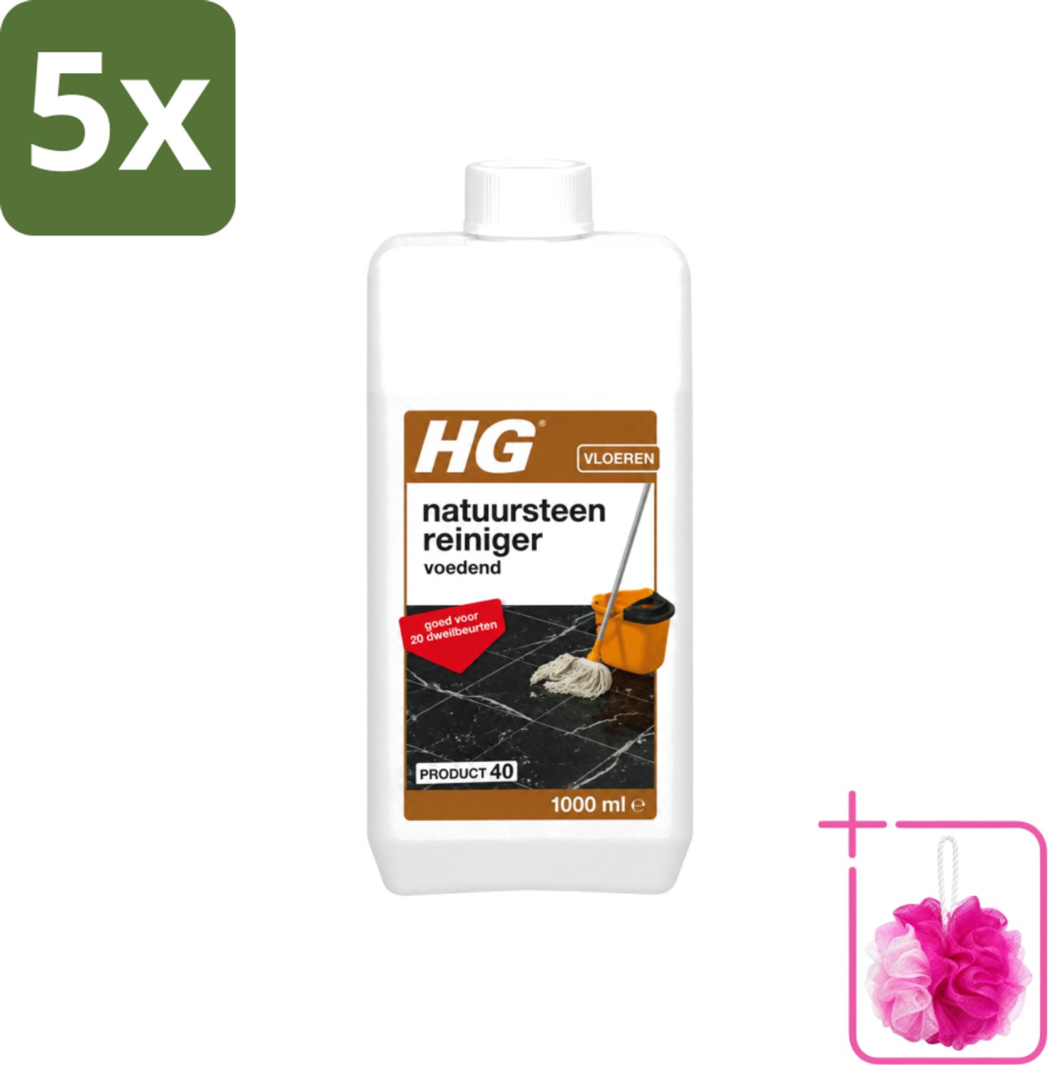 5 x HG - Natuursteenreiniger - Hydraterend - Voor Regelmatige Reiniging - 20 Dweilbeurten - 1L - Bulkverpakking - Natuursteen reinigen - Douchemop - Marmer reinigen
