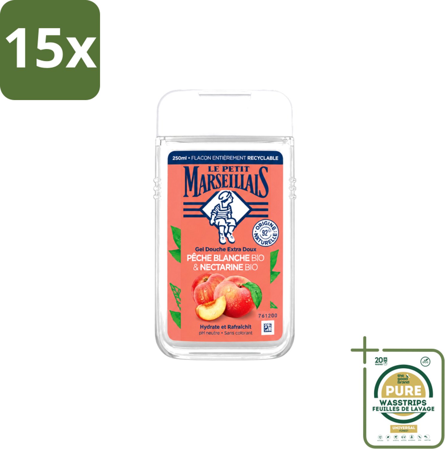 15 x Le Petit Marseillais – Douchegel – Pêche Blanche & Nectarine Bio – 250 ml - Wasstrips - Douchegel - Biologische Douchegel - Perzik En Nectarine - Fruitige Geur - Zachte Reiniging