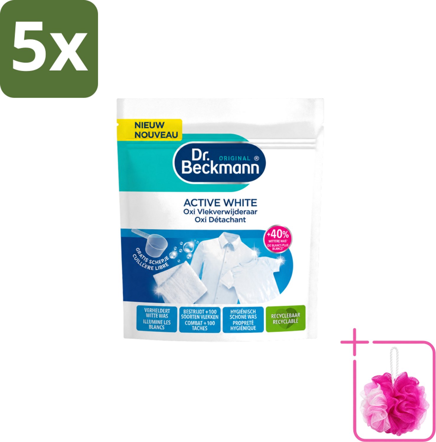 5 x Dr. Beckmann – Active White Oxi – Witte Was Poeder – 400 g - Bulkverpakking - Wasmiddel - Douchemop - Vlekverwijderaar