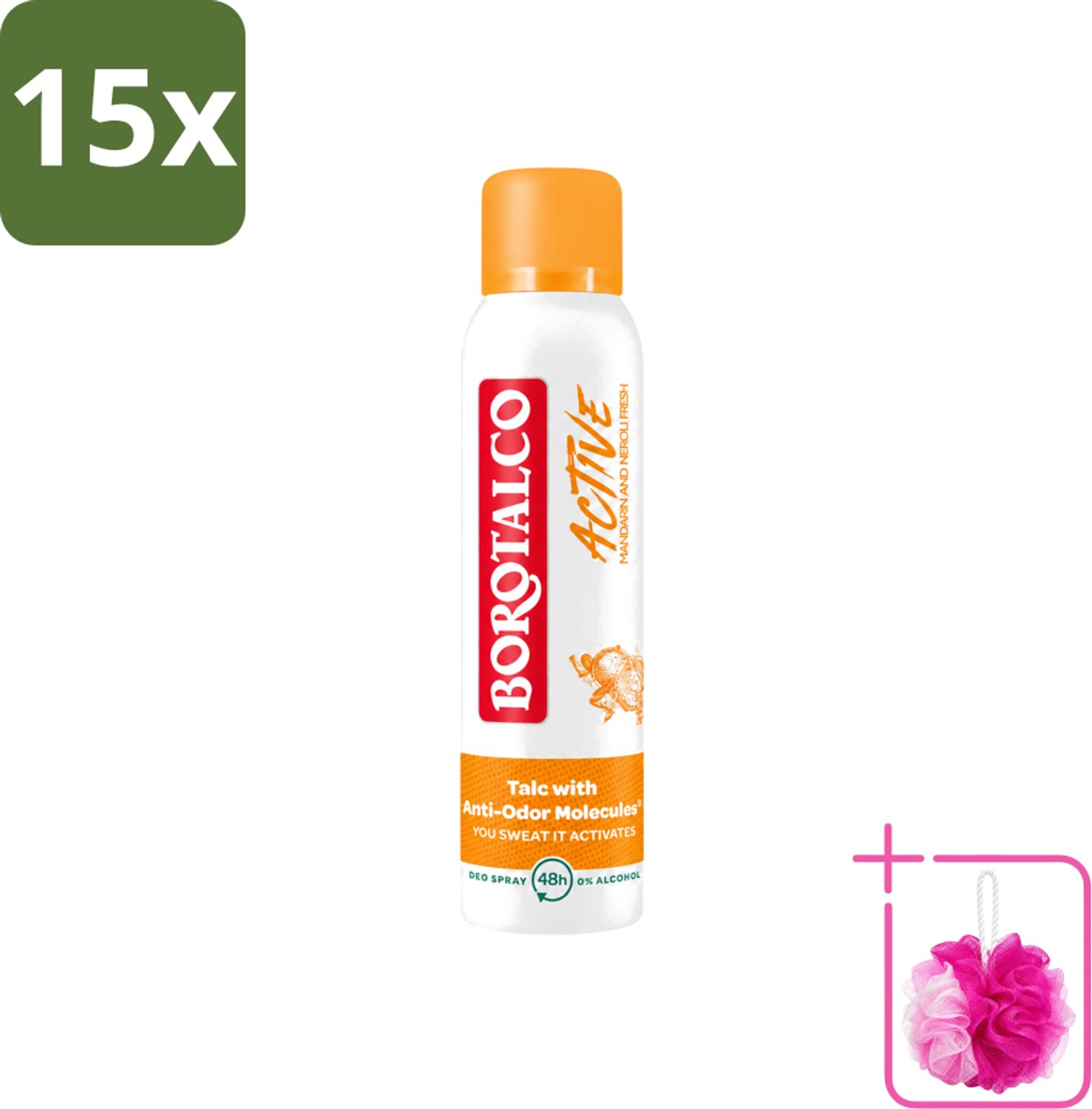 15 x Borotalco - Deodorant Spray - Active - Mandarin & Neroli Fresh - 0% Alcohol - 150 ml - Bulkverpakking - Deodorant Spray - Douchemop - Mandarijn en Neroli