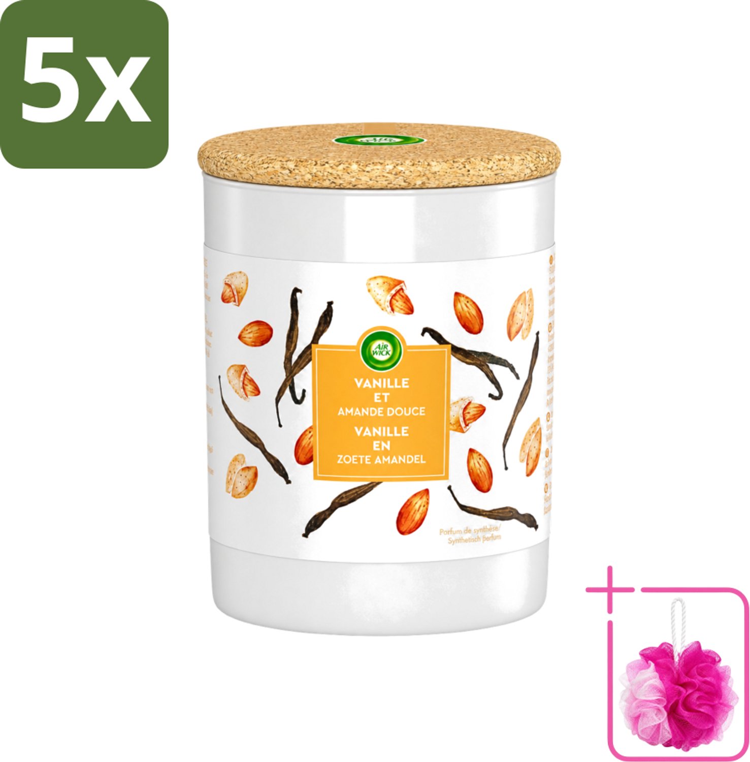 Air Wick 5 x Air Wick - Geurkaars - Vanille & Zoete Amandel - 35 Uur Brandduur - Bulkverpakking - Geurkaars - Douchemop - Vanille Oranje