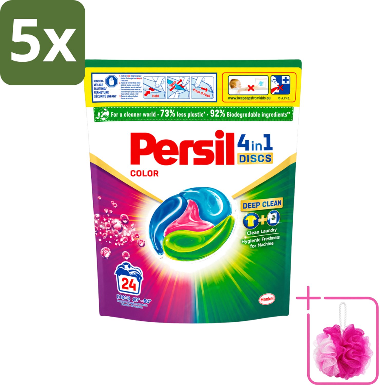 5 x Persil - Wasmiddelcapsules - 4-In-1 Discs - Gekleurde Was - 24 Wasbeurten - Bulkverpakking - Persil 4-in-1 Discs Color - Douchemop - Gekleurde was