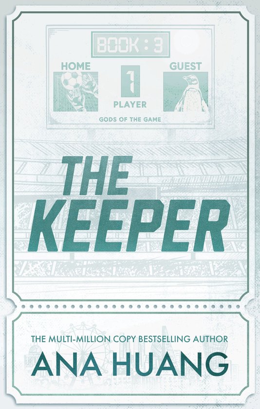 Boekomslag van The Keeper door Ana Huang, met een sportstadion-achtergrond, een scorebord en een pinguïn-illustratie.