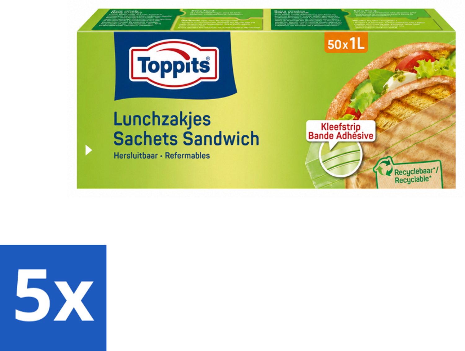 5 x Toppits – Lunchzakjes – Hersluitbaar – 1 Liter – 50 Zakjes - Voordeelverpakking - 5 stuks
