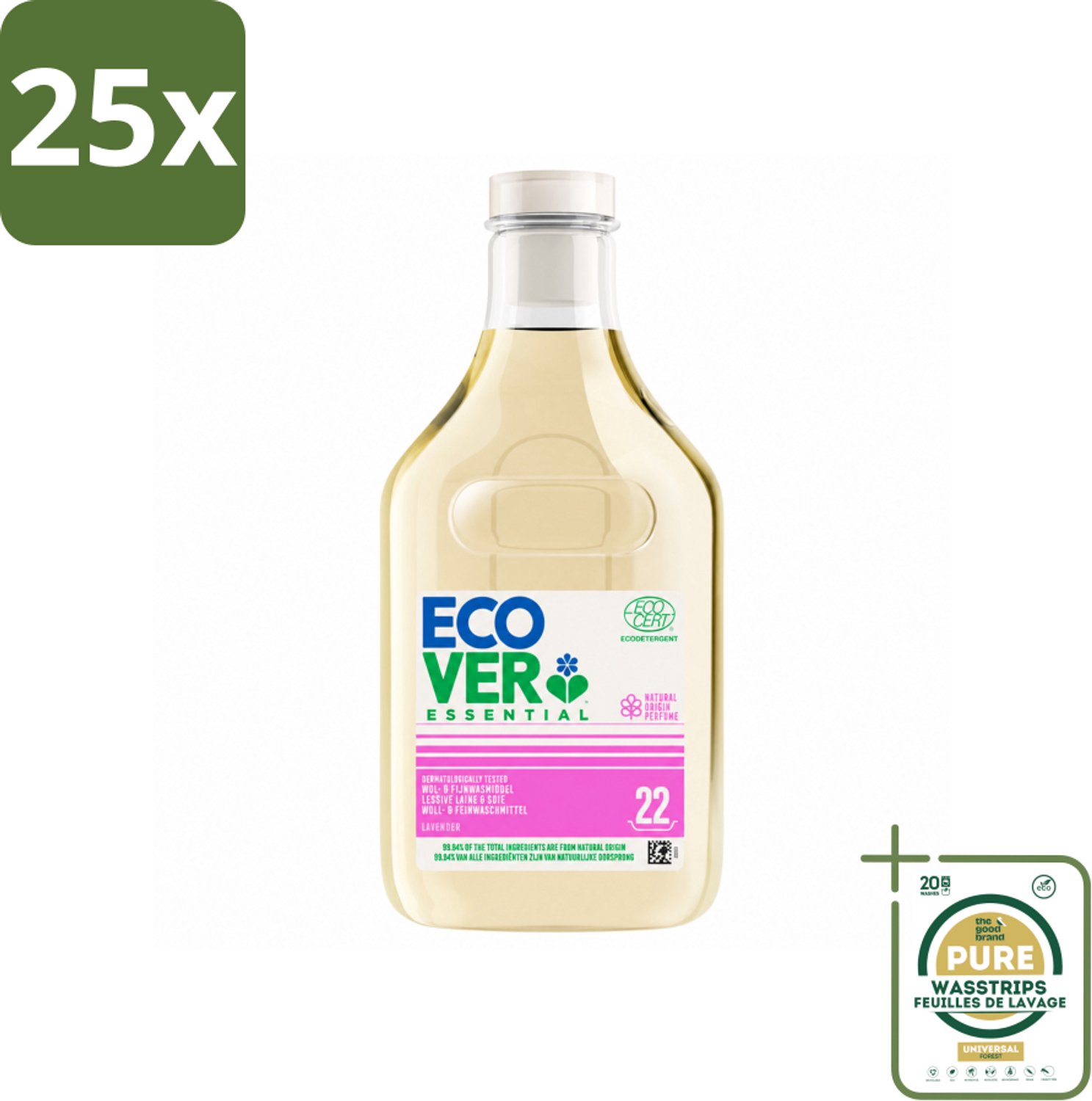 25 x Ecover - Vloeibaar wasmiddel Essential - Wol & Fijnwas - 1 liter - 22 wasbeurten - Wasstrips - Wasmiddel Wol En Fijnwas - Zachte Wasmiddel - Delicate Stoffen Wasmiddel - Natuurlijk Wasmiddel - Milieuvriendelijk Wasmiddel