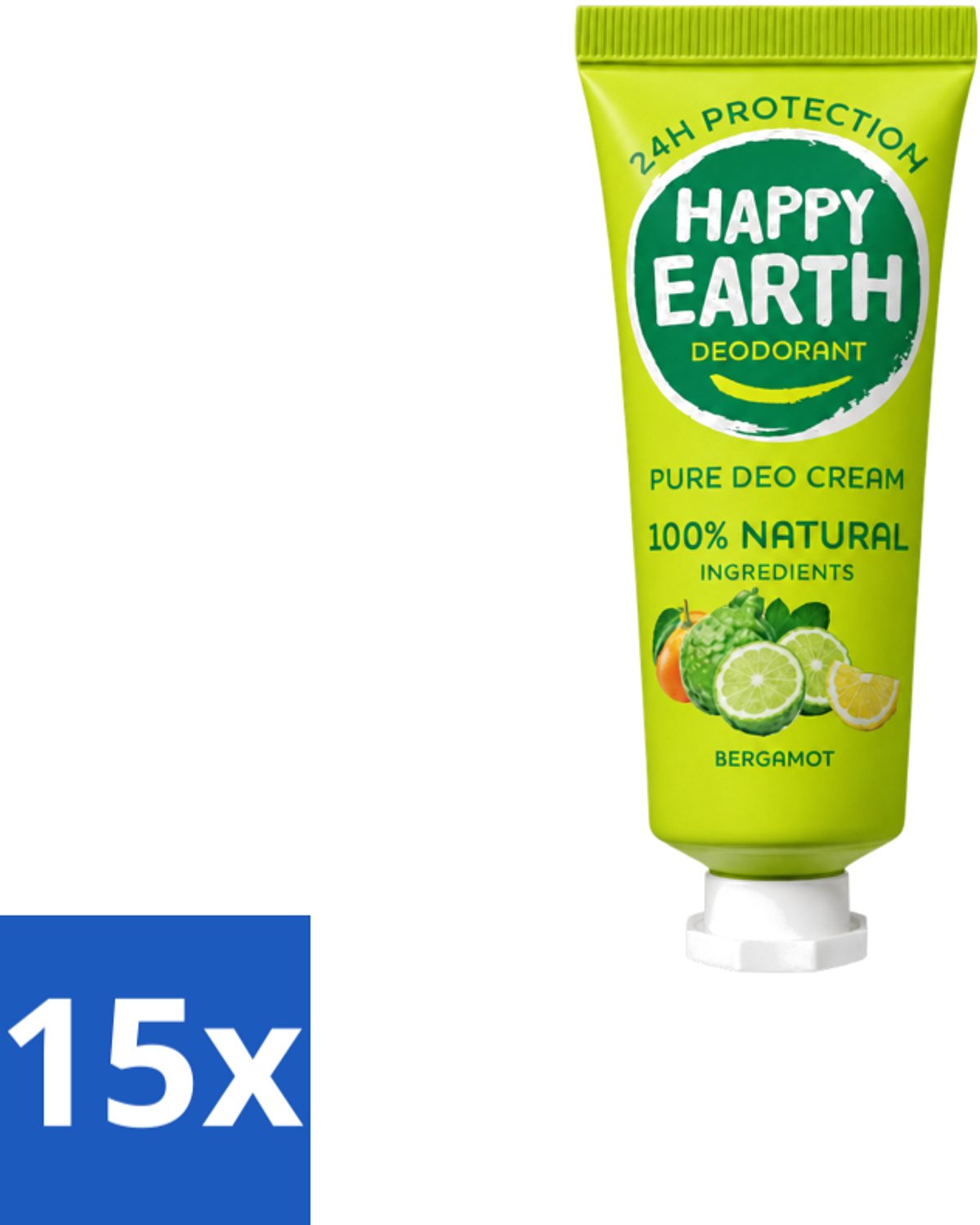 15 x Happy Earth – Deodorant Cream – 100% Natuurlijk Bergamot – 40 ml - Voordeelverpakking - 15 stuks