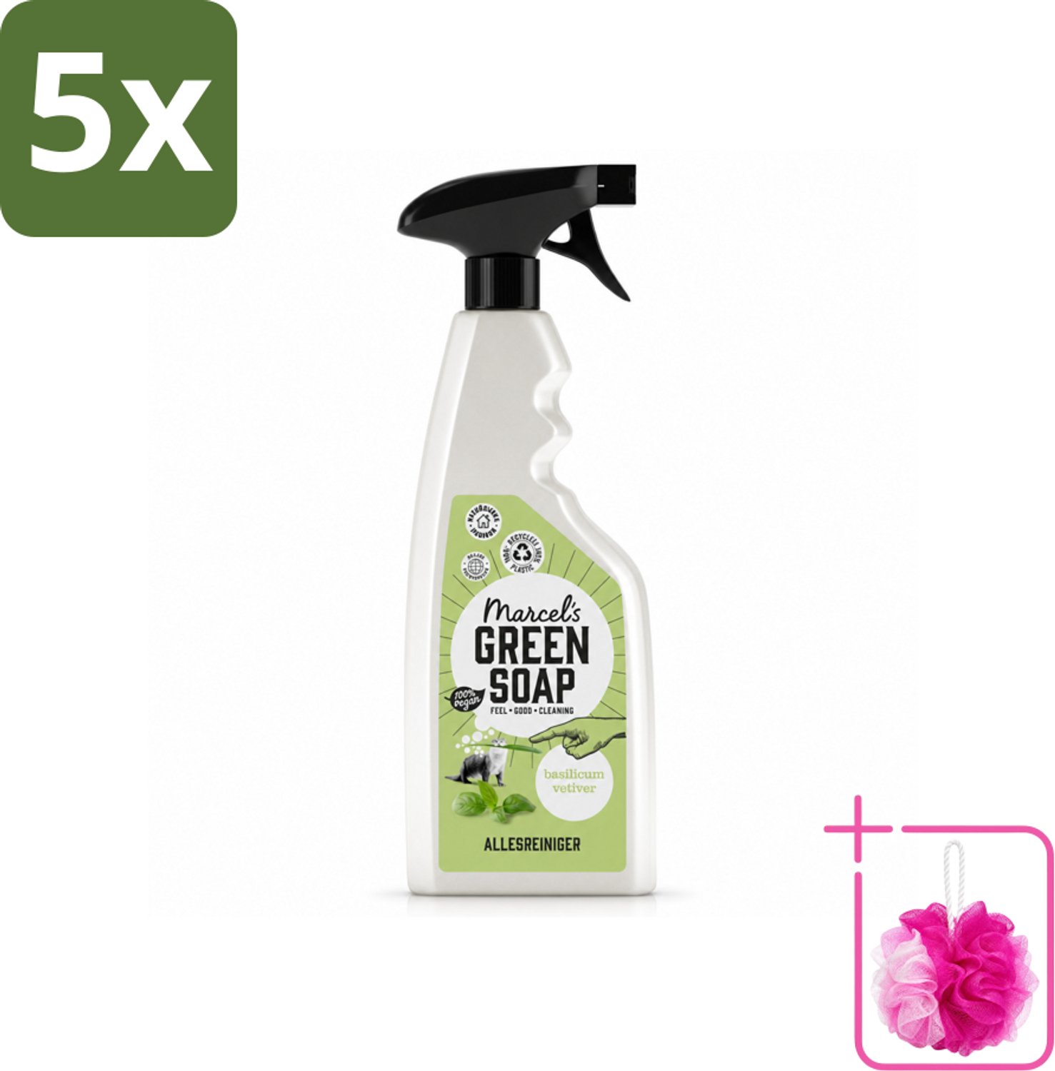 5 x Marcel's Green Soap - Allesreiniger Spray - Basilicum & Vetiver gras - Natuurlijk & effectief - 500 ml - Bulkverpakking - Allesreiniger spray - Douchemop - Natuurlijke reiniger