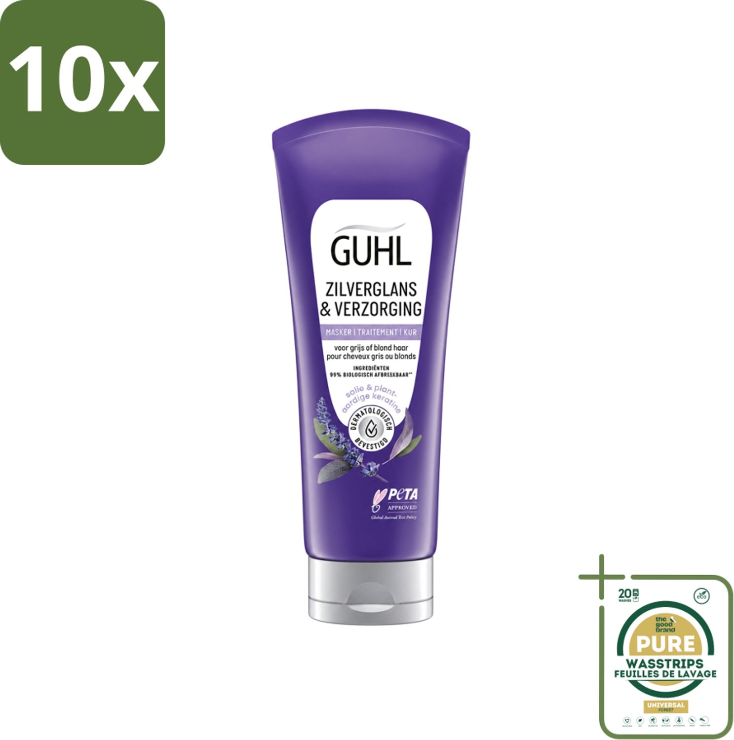 10 x Guhl - Haarmasker - Zilverglans & Verzorging Anti-Geel - 200 ml - Wasstrips - Haarmasker - Geelheid Neutraliseren - Blond Haar - Grijs Haar - Haar Verzorging
