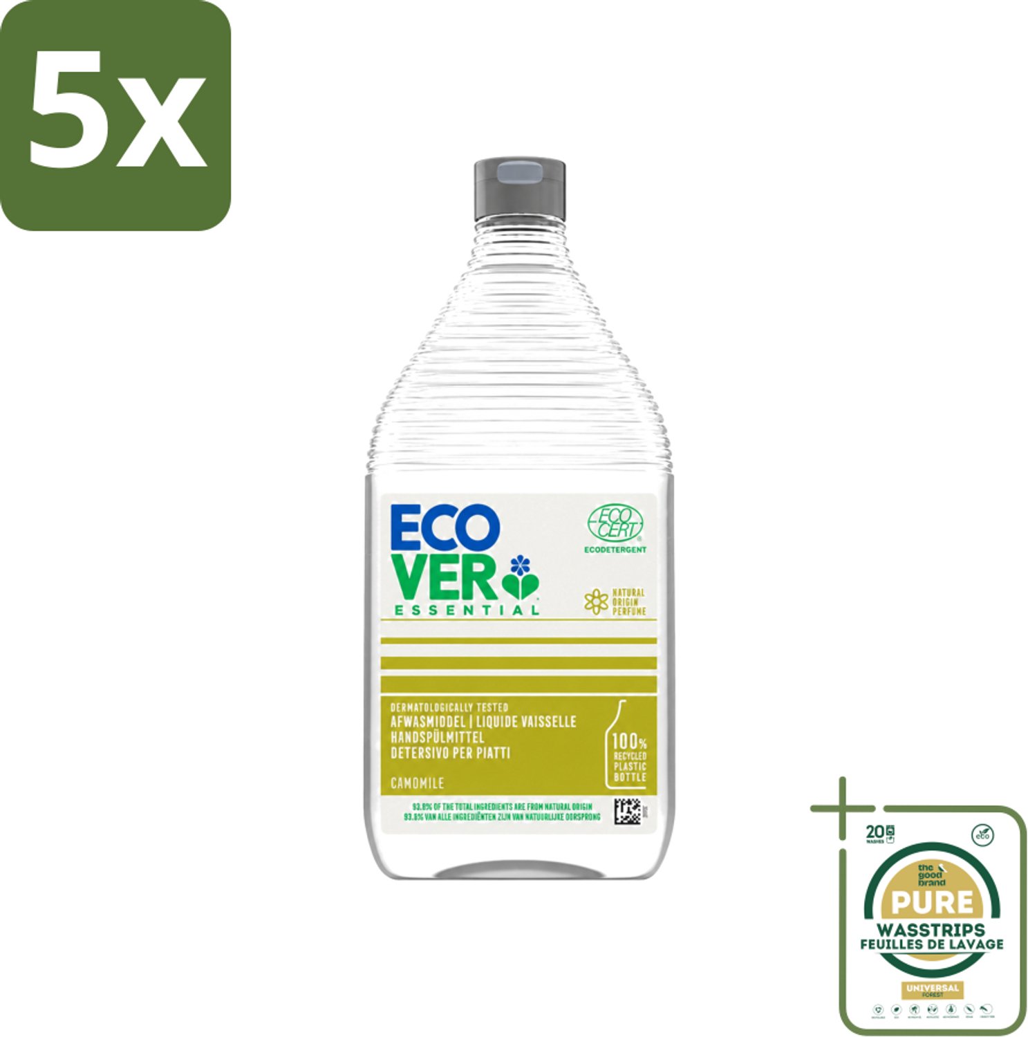 5 x Ecover - Afwasmiddel Essential - Kamille - 950 ml - Wasstrips - Afwasmiddel Kamille - Plantaardig Afwasmiddel - Ecologisch Afwasmiddel - Kamille Geur - Vet Verwijderen
