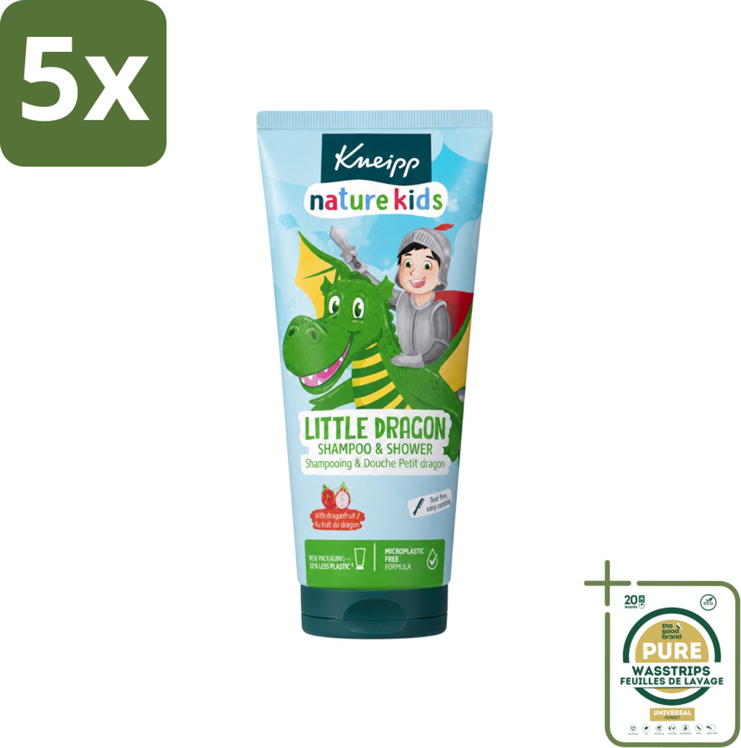 5 x Kneipp - Shampoo & Showergel - Little Dragon - 200 ml - Wasstrips - Kinderen Baden - Gevoelige Huid - Shampoo En Douchegel - 2-in-1 - Dragonfruit Geur