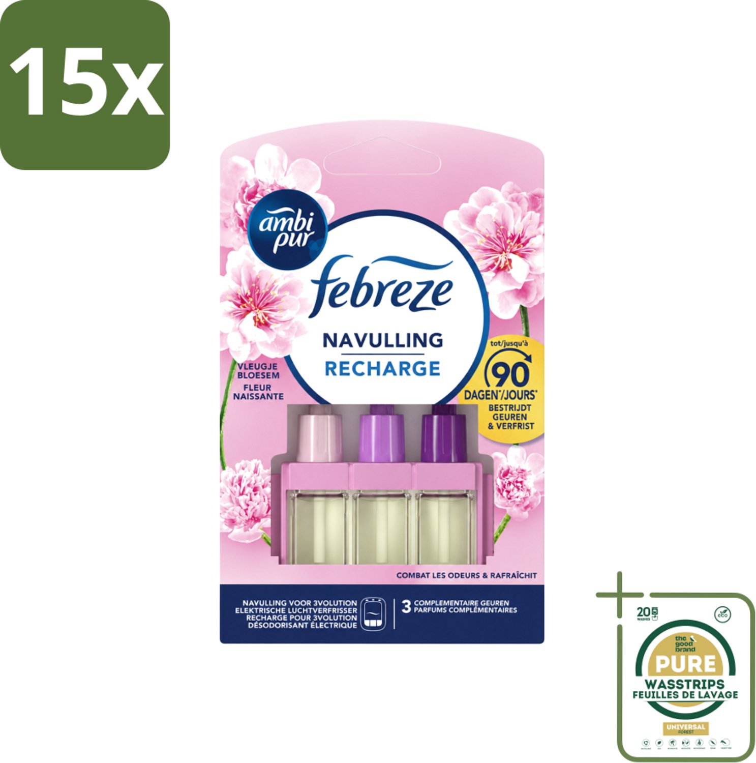 15 x Ambi Pur - 3Volution - Navulling - Vleugje Bloesem - 20 ml - Wasstrips - Luchtverfrisser - Geurverspreider - Bloemige Geur - Geurwisseling - Geurblindheid