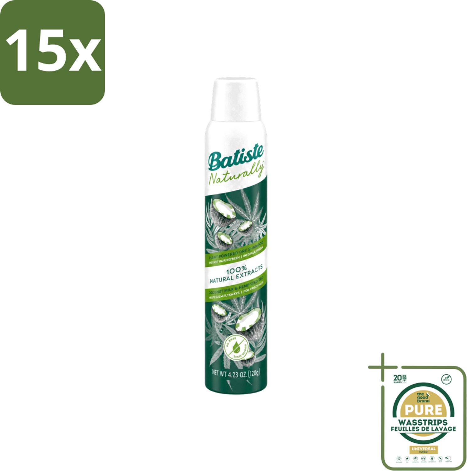 15 x Batiste - Naturally Coconut Milk & Hemp Seed Oil - Droogshampoo - Anti-Pluis en Verfrist - 100% Natuurlijk - 200ml - Wasstrips - Droogshampoo - Anti-pluis - Haarverzorging - Natuurlijk Haar - Kokosmelk