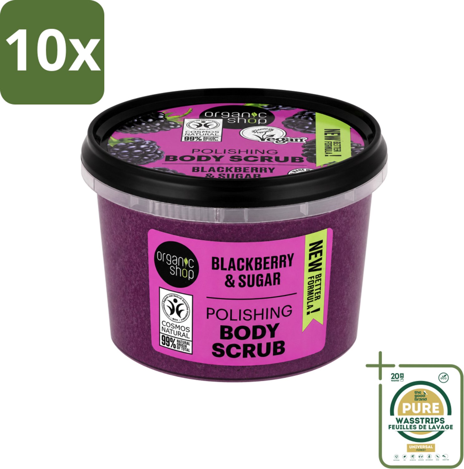 10 x Organic Shop - Body Scrub Blackberry - Verfrissend en Hydraterend - 250 ml - Wasstrips - Bodyscrub - Exfoliatie - Huidverzorging - Natuurlijke Peeling - Organische Peeling