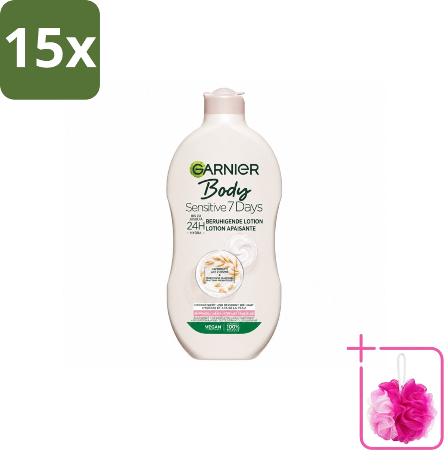 15 x Garnier - Body - Bodylotion - Sensitive 7 Days - Verzachtend - Havermelk & Probiotica - 400 ml - Bulkverpakking - Gevoelige huid - Douchemop - Lichaamsoorzaak