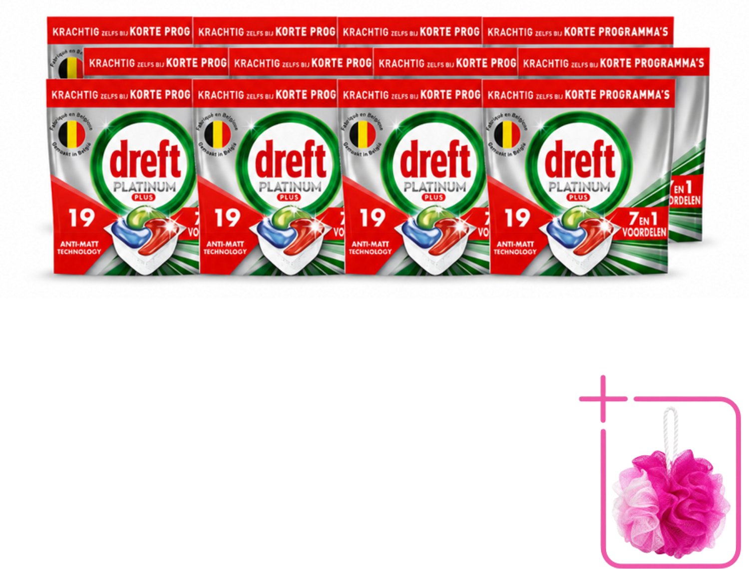 12 x Dreft - Vaatwastabletten - Platinum Plus All-in-One - Krachtige reiniging - 19 Tabletten - Bulkverpakking - Vaatwassen - Douchemop - Glans herstellen