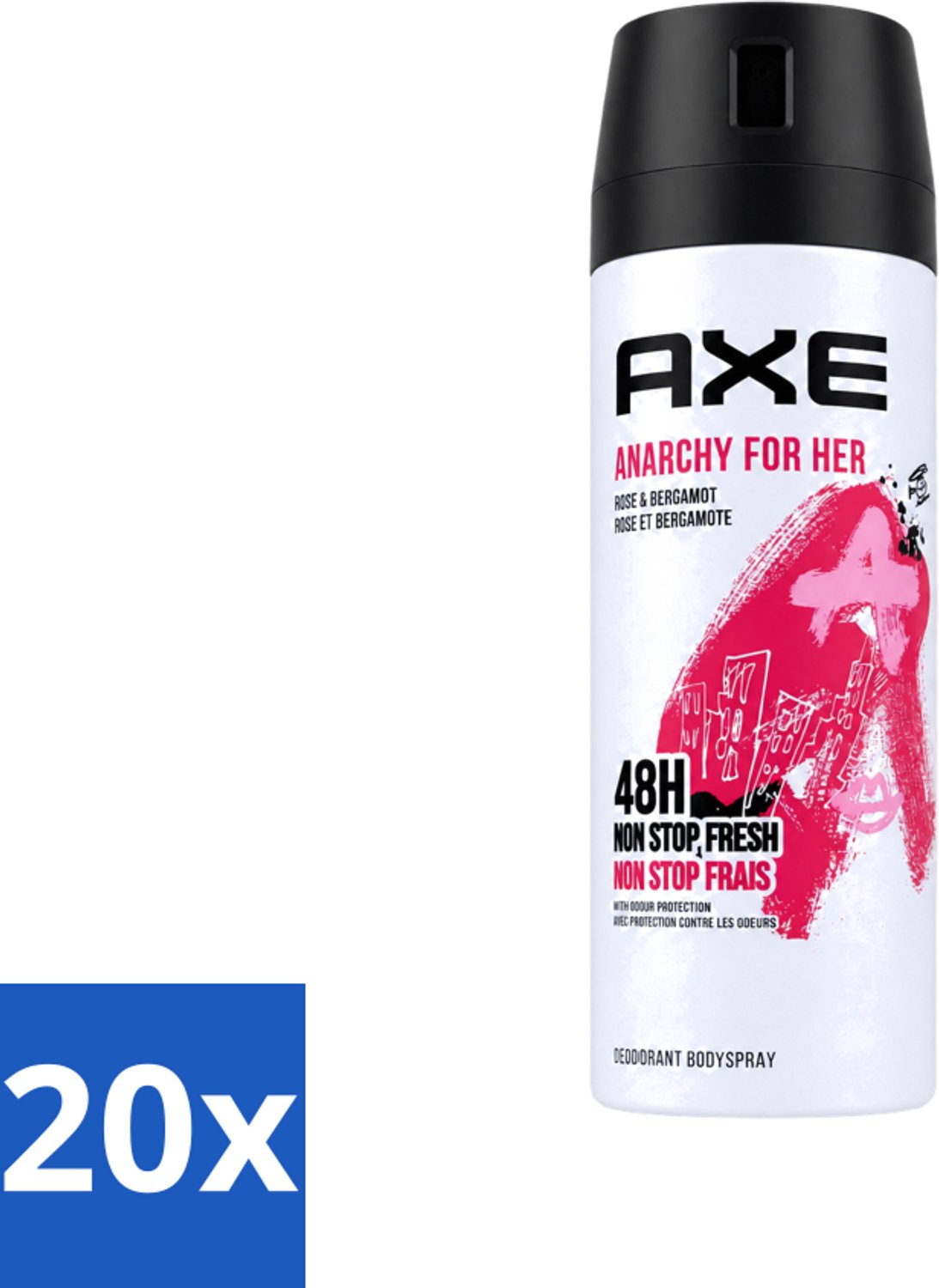 20 x Axe - Deodorant Bodyspray - 48hrs Non Stop Fresh - Anarchy For Her - Rose & Bergamot - 150 ml - Voordeelverpakking - 20 stuks