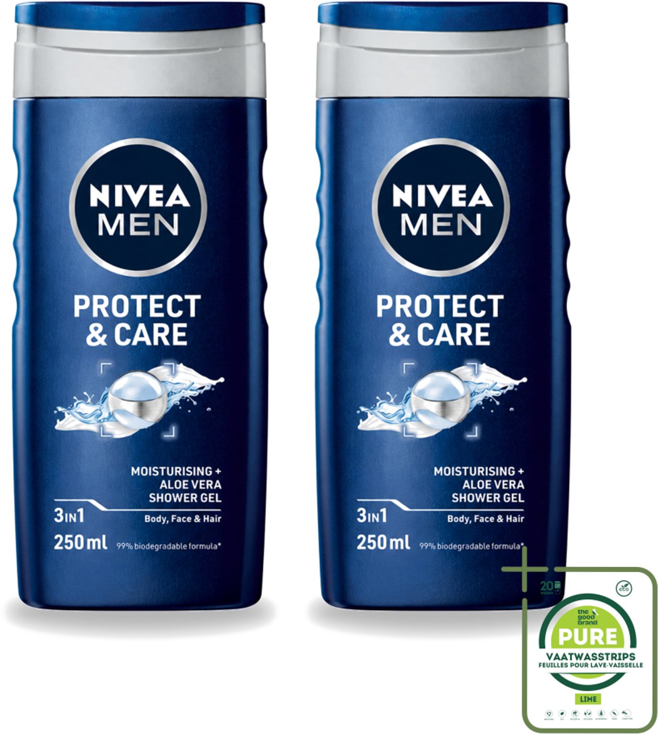 2 x Nivea - Men - Douchegel - Protect & Care - Met Aloe Vera 250 ml - Grootverpakking - Vaatwasstrips - Douchegel Voor Mannen - Aloë Vera Douchegel - Lichaam En Haar Verzorgen - Hydraatende Douchegel - Schuim Douchegel