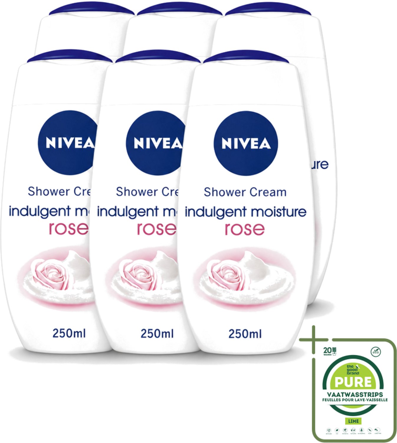 6 x Nivea - Shower Indulgent Moisture Rose Douchecrème - 250 ml - Grootverpakking - Vaatwasstrips - Douchecrème - Hydraterende Douchecrème - Amandelmelk - Rozengeur - Zachte Huid