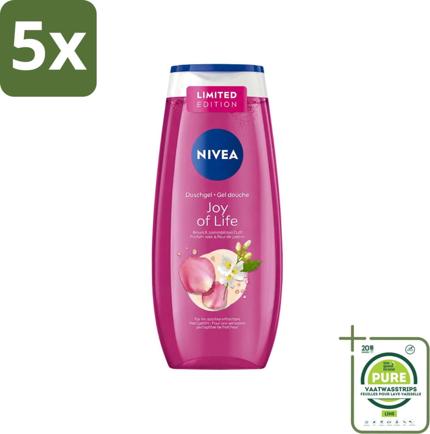 5 x Nivea - Douchegel - Joy of Life - Verfrissend Effect - 250 ml - Grootverpakking - Vaatwasstrips - Douchegel - Frisse Geur - Rozen - Jasmijn - Huidverzorging