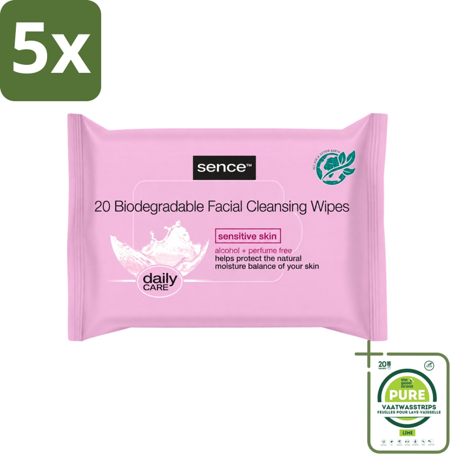 5 x Sence - Gevoelige Huid - Gezichtsreinigingsdoekjes - Mild Reinigend - 20 Doekjes - Grootverpakking - Vaatwasstrips - Gevoelige Huid - Gezichtsreiniging - Reinigingsdoekjes - Make-up Verwijderen - Mild Reinigen