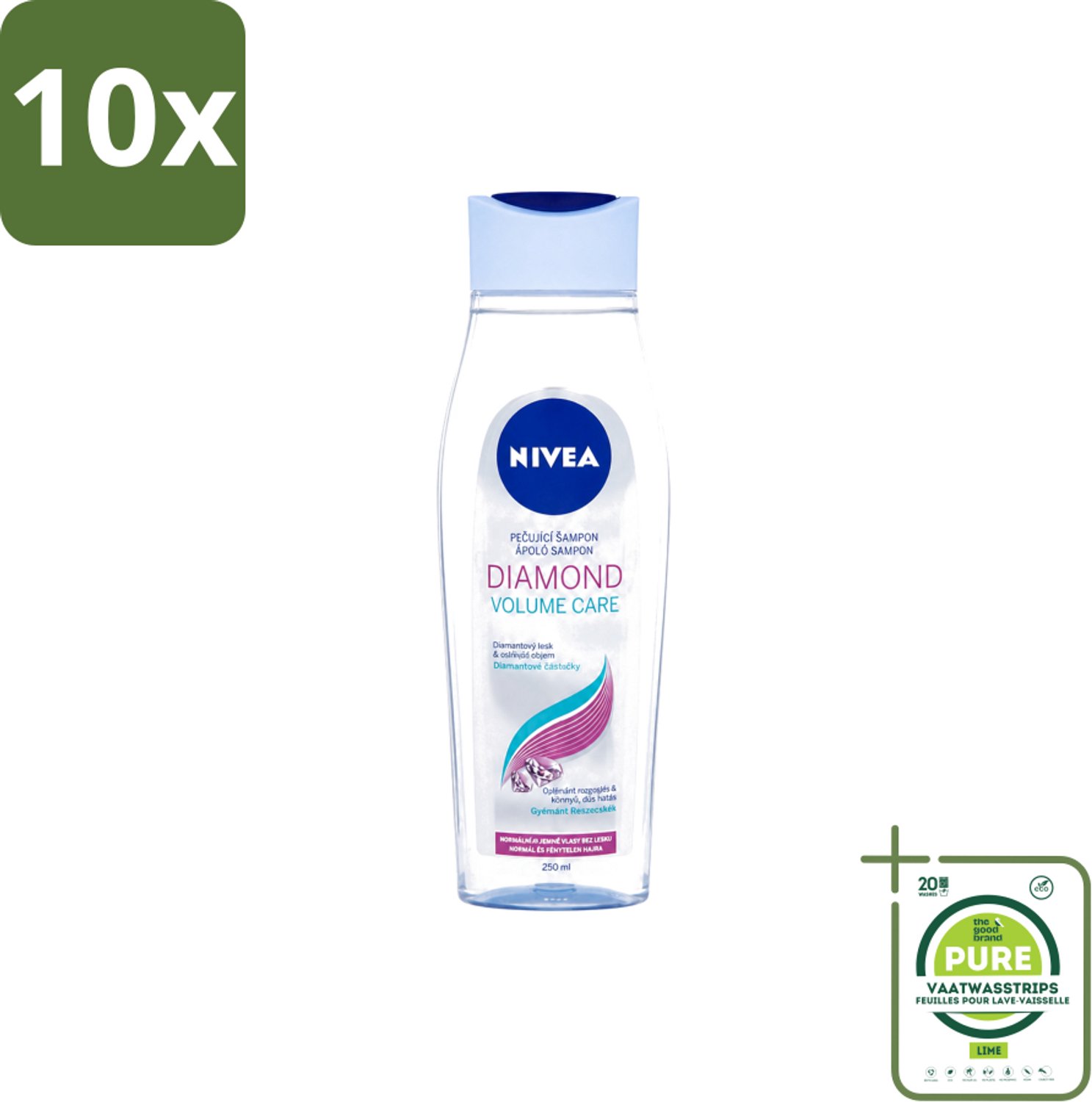 10 x Nivea - Diamond Volume Care Shampoo - 250 ml - Grootverpakking - Vaatwasstrips - Volume Haar - Glans Haar - Diamantpoeder - Verzorging Haar - Natuurlijke Glans
