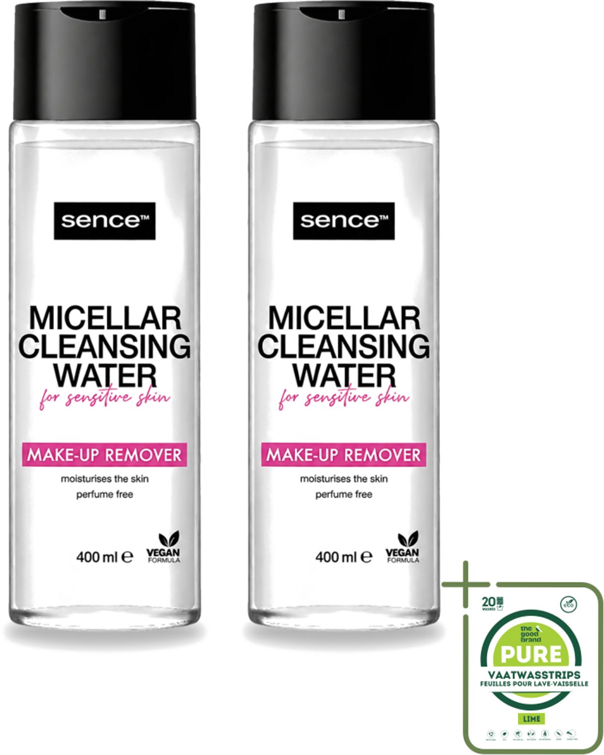 2 x Sence - Gevoelige Huid - Micellair Water - Make-up Remover - 400 ml - Grootverpakking - Vaatwasstrips - Gevoelige Huid - Make-up Verwijderen - Micellair Water - Hypoallergen - Parfumvrij