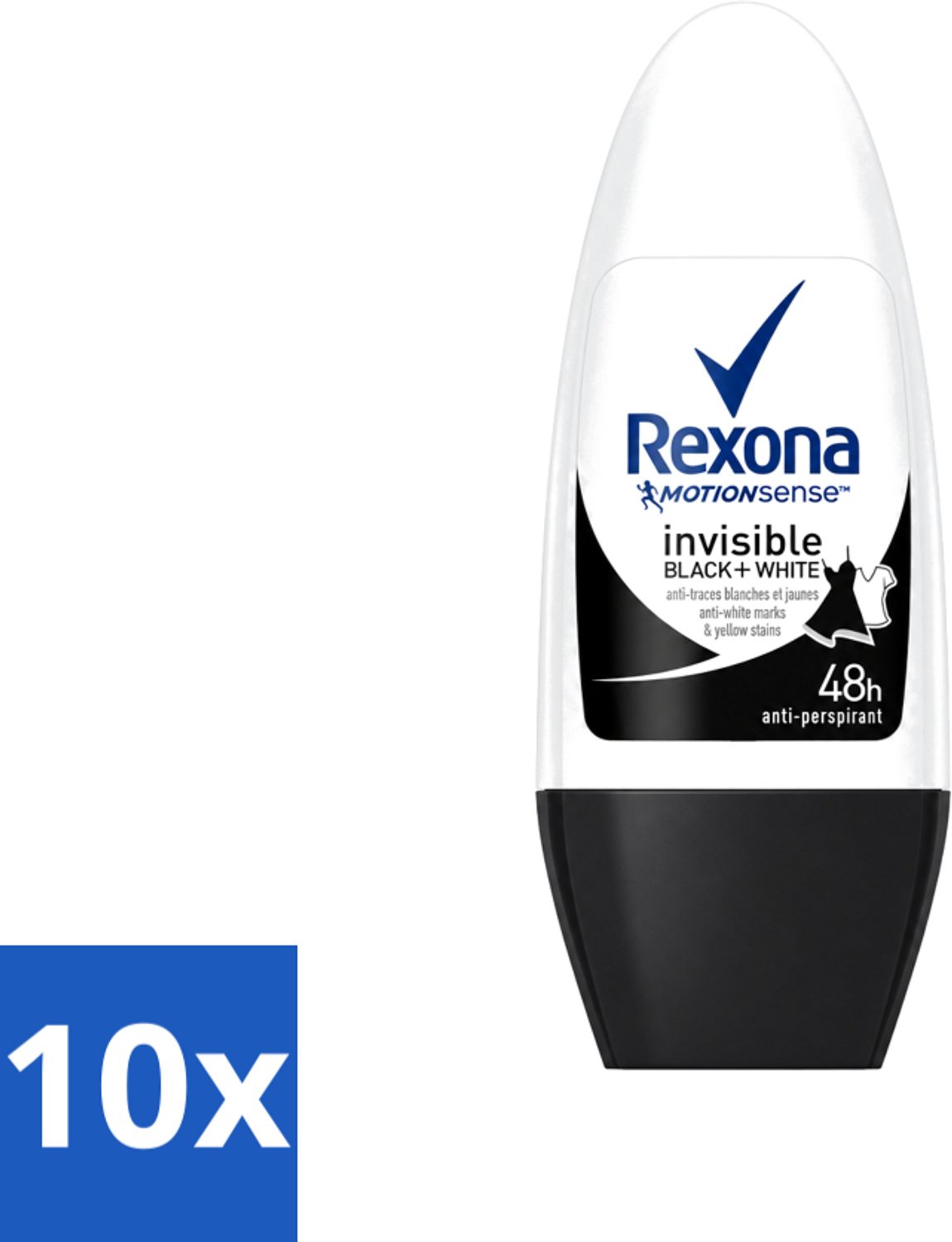 10 x Rexona - Invisible Black & White - Deo Roller - Anti-transpirant - 50 ml - Voordeelverpakking - 10 stuks