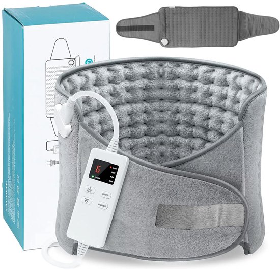 Grijze elektrische warmteband in verpakking met bediening en instelbare timer.