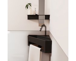 AquaVik Hoekfontein Toilet - Solid Surface Mat Zwart - 35x35x16cm - Handdoekhouder - Fontein - Handenwasser - Wc Fontein - Toiletfontein