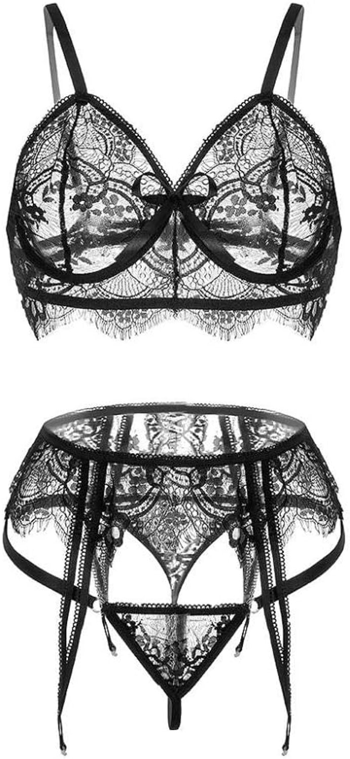 Babydolls, nachtjaponnen & negligés dames Vrouwen Sexy Lingerie Kanten Ondergoed Kousenband Perspectief Sexy Lingerie Nachtkleding Set-black_XL