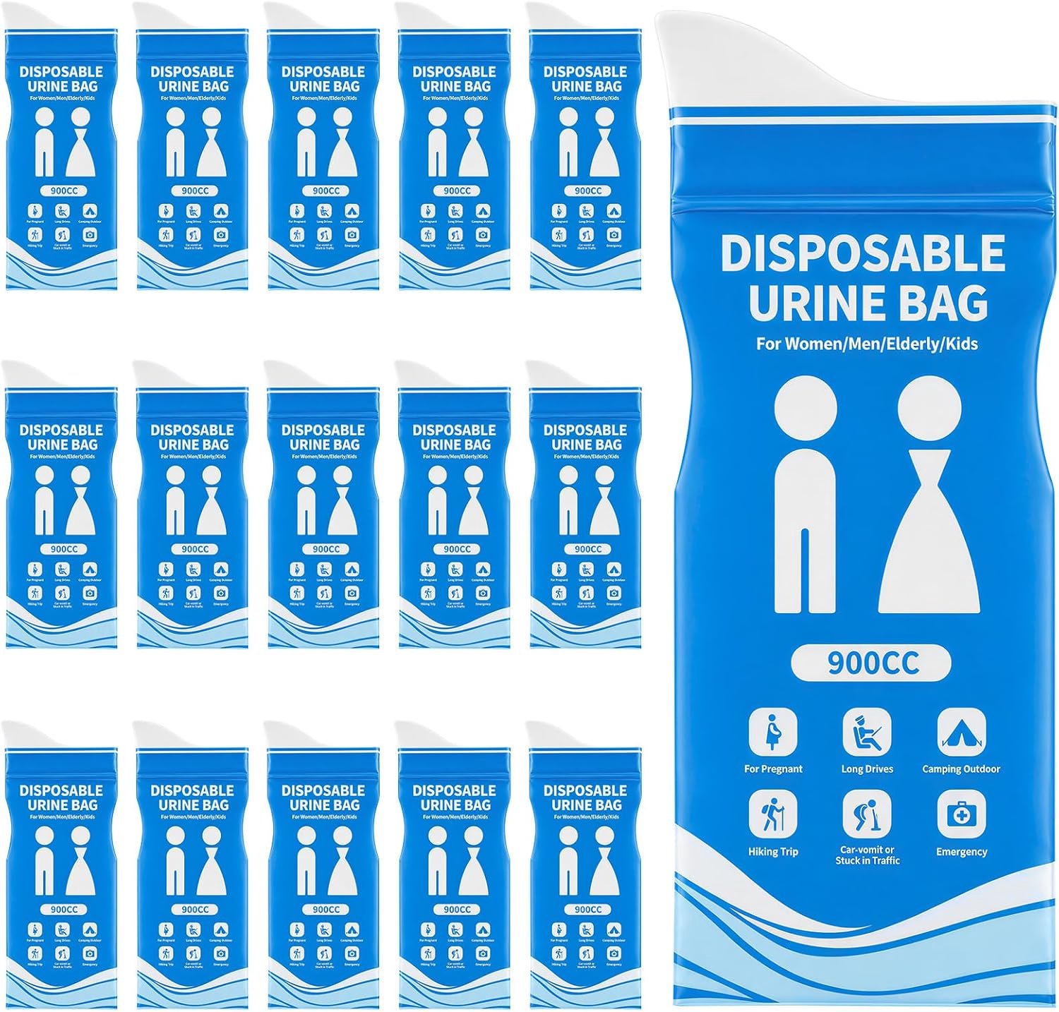 16 stuks draagbaar urinoir voor heren, reistas, draagbaar toilet voor volwassenen, ideaal voor intensief verkeer, kamperen, wandelen en zwangere vrouwen (900 ml)