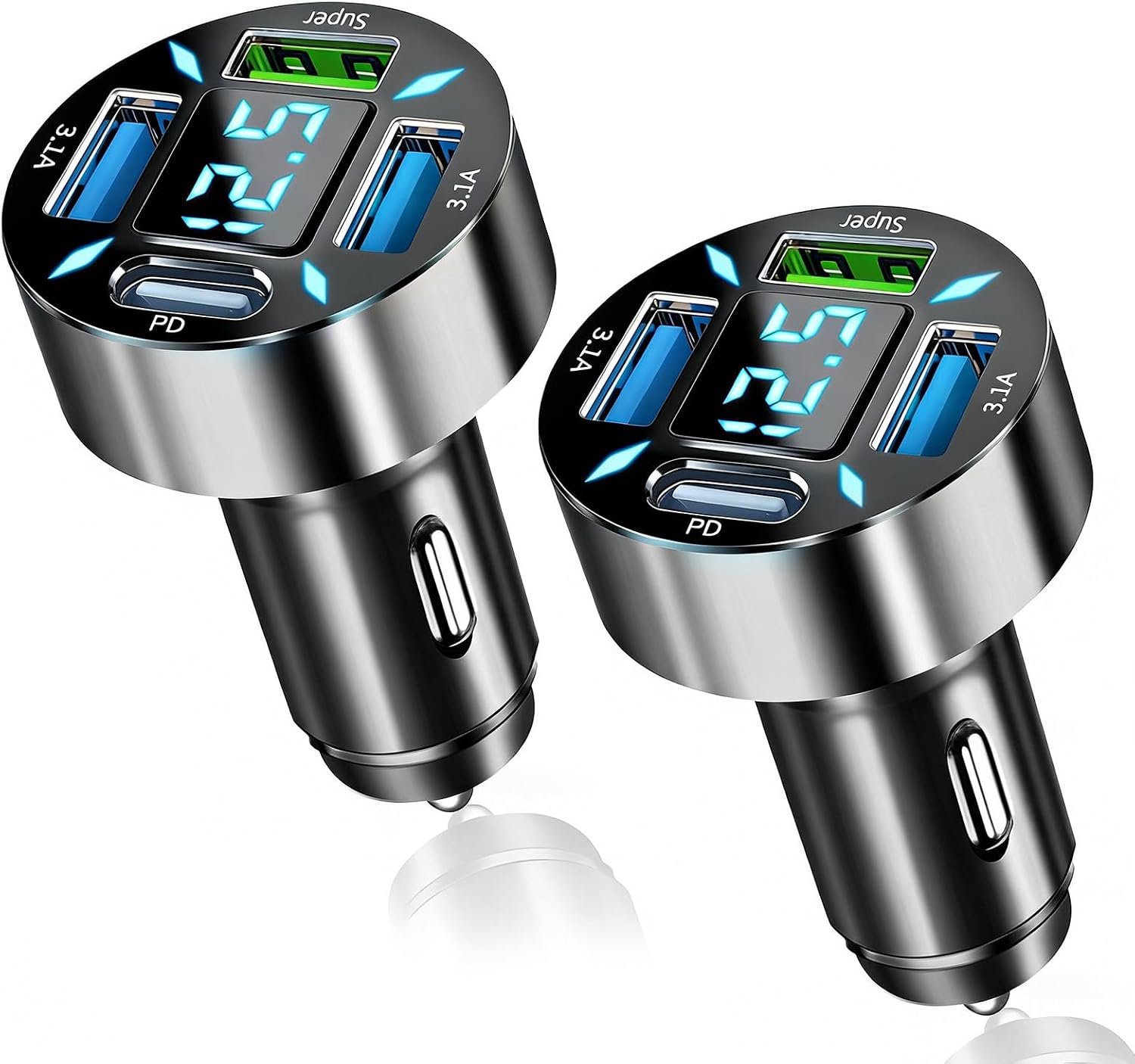 2 stuks 66 W autolader Mecher USB C 4 poorten met led-voltmeter 12 V