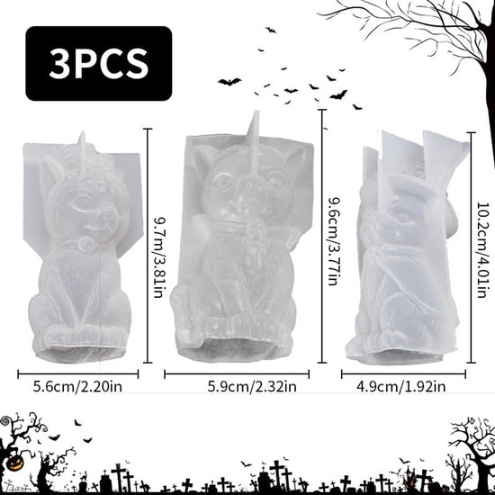 3 stuks siliconen kaarsvorm magische kat Halloween kaars hars mal diervormige epoxy gietvorm voor doe-het-zelf ambachtelijke huisdecoratie chocolade snoep zeep handgemaakt cadeau — afbeelding 2