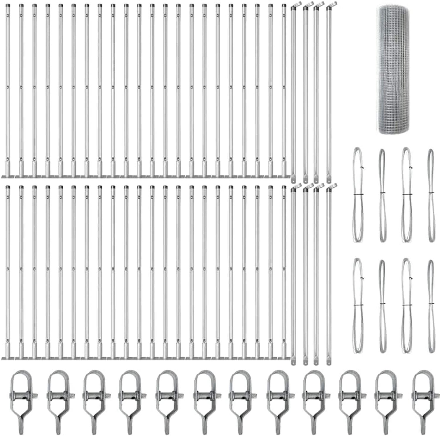Palen zilver 100 x 0,4 m (25 x 25 mm net) staal, 4-delige set voor tuin en terras, gepoedercoate stalen palen voor stabiele afbakening