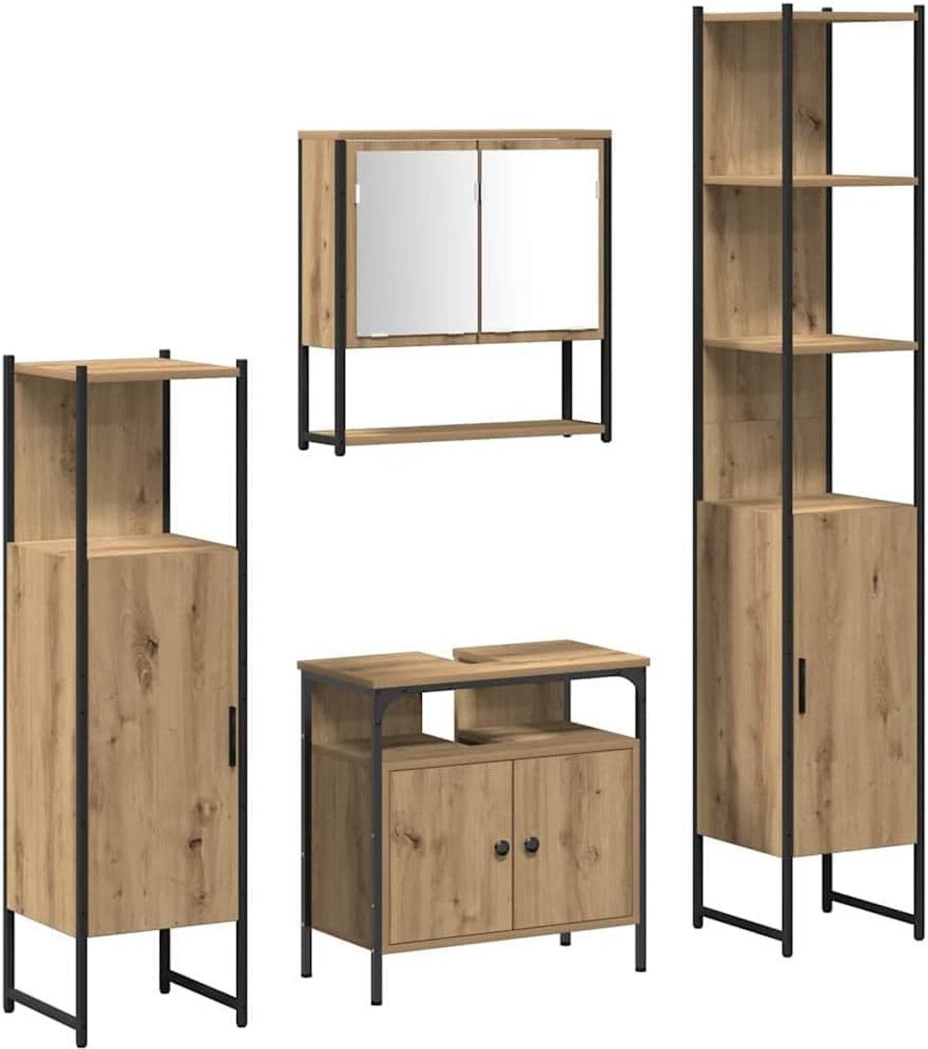 4-delige badkamermeubelset met spiegelkast en plank in Artisan eiken, houtmateriaal, wandmontage design voor kleine badkamers, vochtbestendig