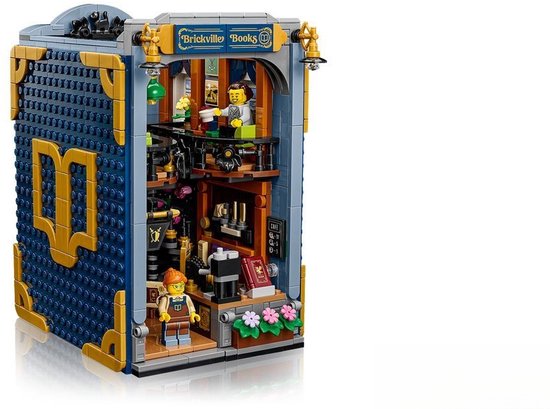 Gesloten Brickville Books boekensteun van LEGO-stenen in boekvorm, met twee minifiguren en gedetailleerd interieur.