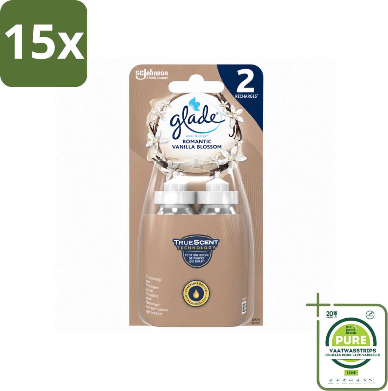 15 x Glade - Sense & Spray - Romantic Vanillebloesem - 2 × 18 ml - Grootverpakking - Vaatwasstrips - Romantische Geur - Geurverspreiding - Automatische Geur - Essentiële Oliën - Huisgeur