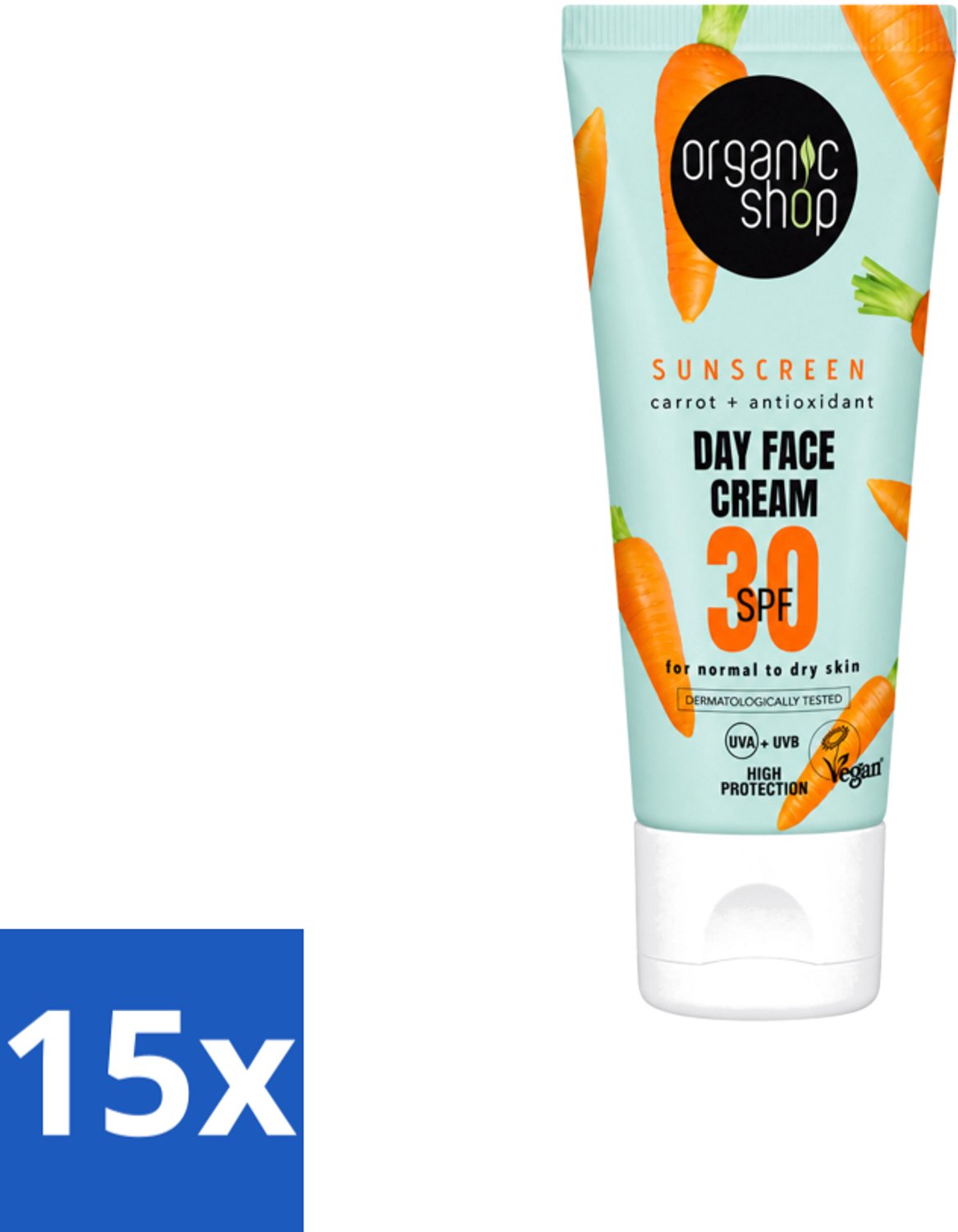 15 x Organic Shop - Zonnebrandcrème Gezicht SPF 30 - Normale Huid - 50 ml - Voordeelverpakking - 15 stuks