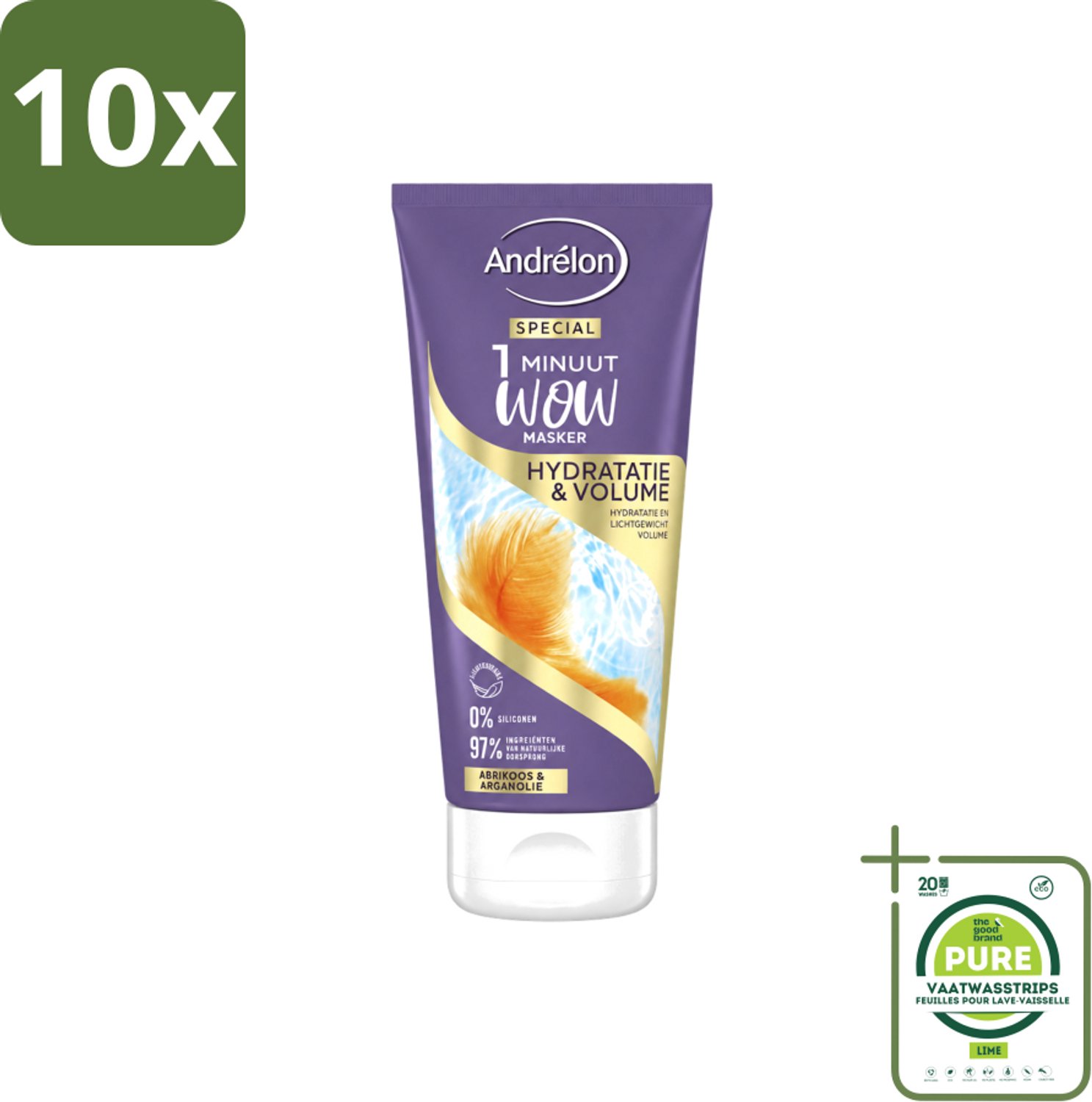 10 x Andrélon - WOW - 1 Minuut Masker - Hydratatie & Volume - 180 ml - Grootverpakking - Vaatwasstrips - 1 Minuut Masker - Hydratatie Haar - Volume Haar - Fijn Haar Verzorging - Luchtig Haar