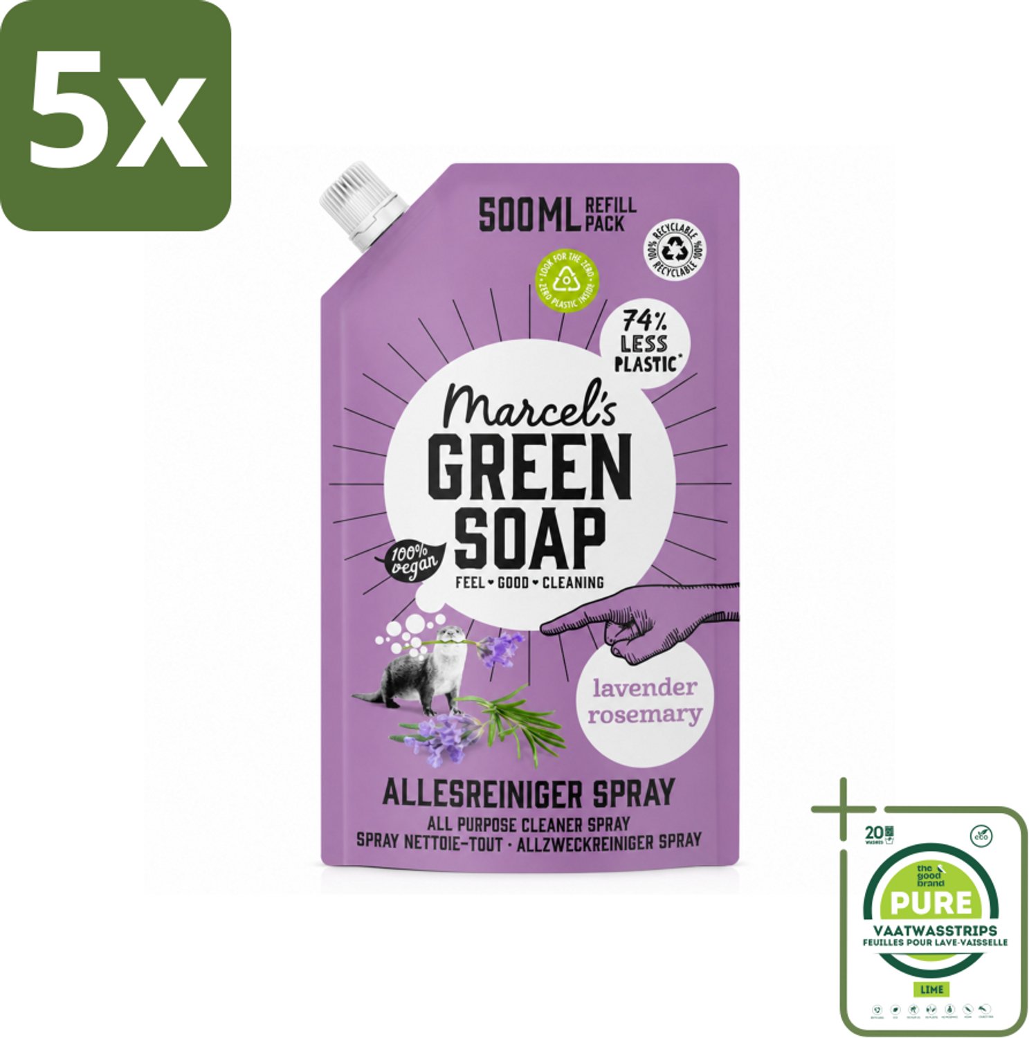 5 x Marcel's Green Soap - Allesreiniger Spray - Navulling - Lavendel & Rozemarijn - Frisse reiniging - 500 ml - Grootverpakking - Vaatwasstrips - Allesreiniger - Natuurlijke Reiniger - Biologische Reiniger - Vegan Reiniger - Lavendel En Rozemarijn