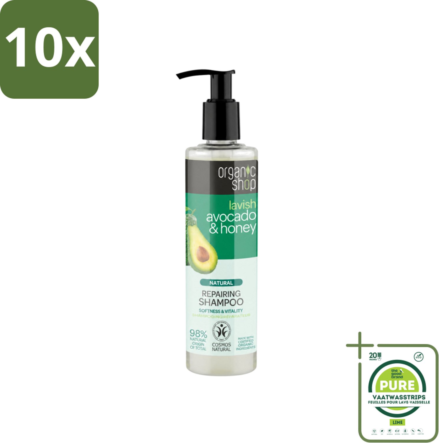 10 x Organic Shop - Natural Repairing Shampoo - Avocado & Honey - Hydraterend en Herstellend - 280 ml - Grootverpakking - Vaatwasstrips - Natuurlijke Shampoo - Avocado En Honing - Herstellend Haar - Hydraterend Haar - Droog Haar
