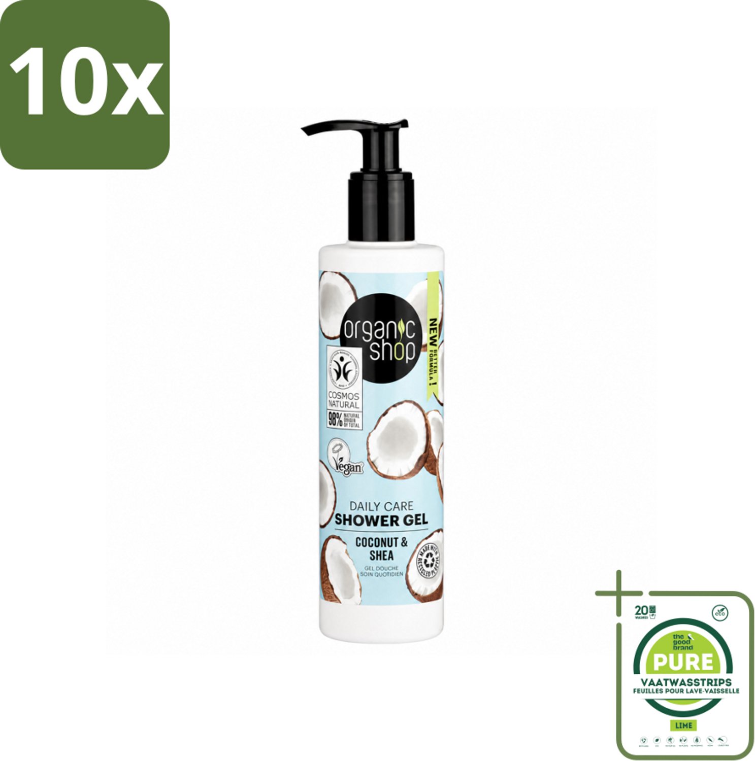 10 x Organic Shop - Daily Care Coconut & Shea Shower Gel - Hydratatie & Verzorging - 280 ml - Grootverpakking - Vaatwasstrips - Douchegel - Natuurlijke Douchegel - Hydraterende Douchegel - Biologische Douchegel - Tangerine Douchegel