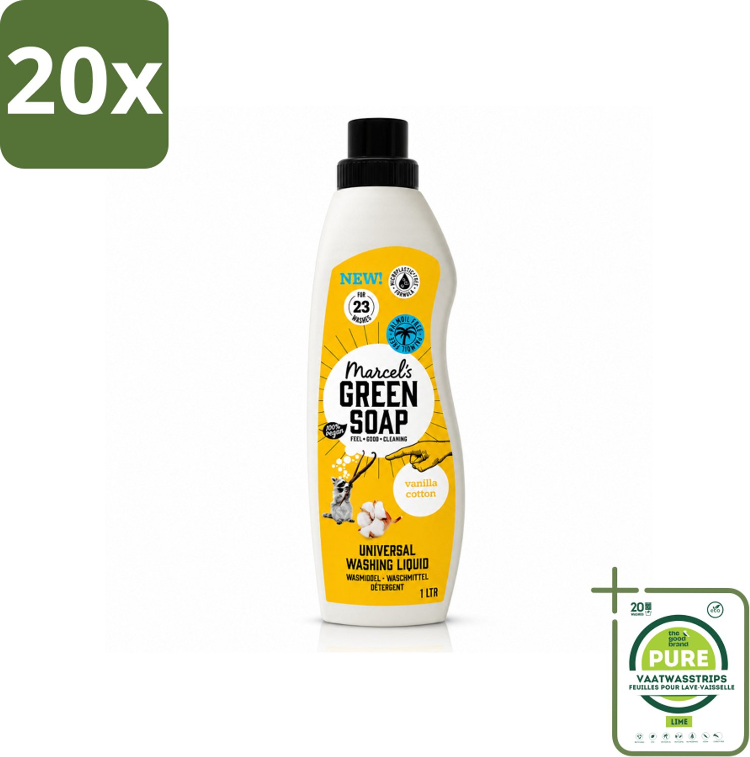 20 x Marcel's Green Soap - Vloeibaar Wasmiddel - Katoen & Vanille - Effectief & natuurlijk - 23 Wasbeurten - 1 Liter - Grootverpakking - Vaatwasstrips - Wasmiddel - Natuurlijke Zeep - Milieuvriendelijk - Katoen En Vanille - Schoon Wasgoed