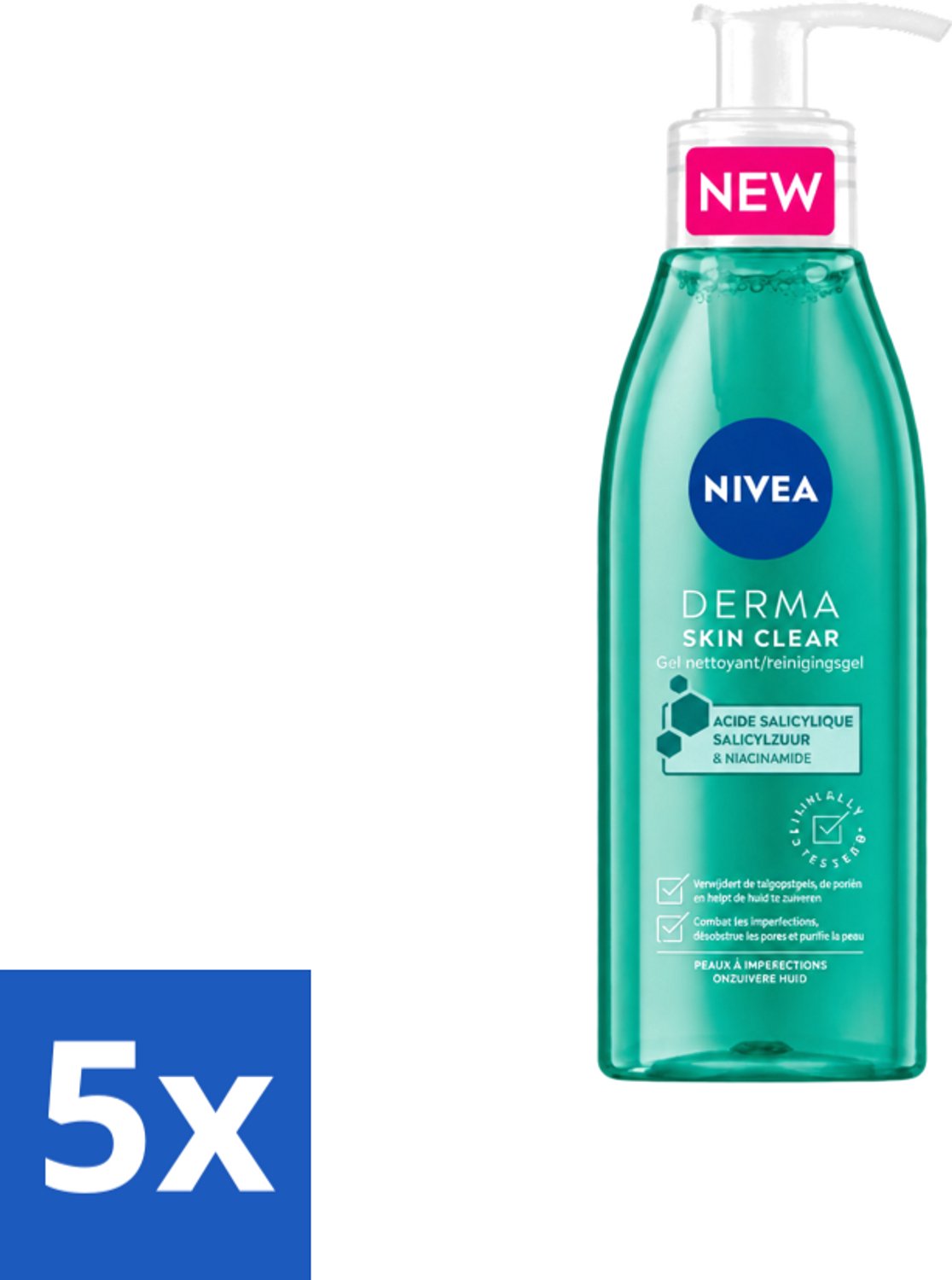 5 x NIVEA - Reinigingsgel - DERMA Huidzuiver - Voor onzuivere huid - Met Salicylzuur (AHA) & Niacinamide - Tegen Acne & Mee-eters - 150 ml - Voordeelverpakking - 5 stuks
