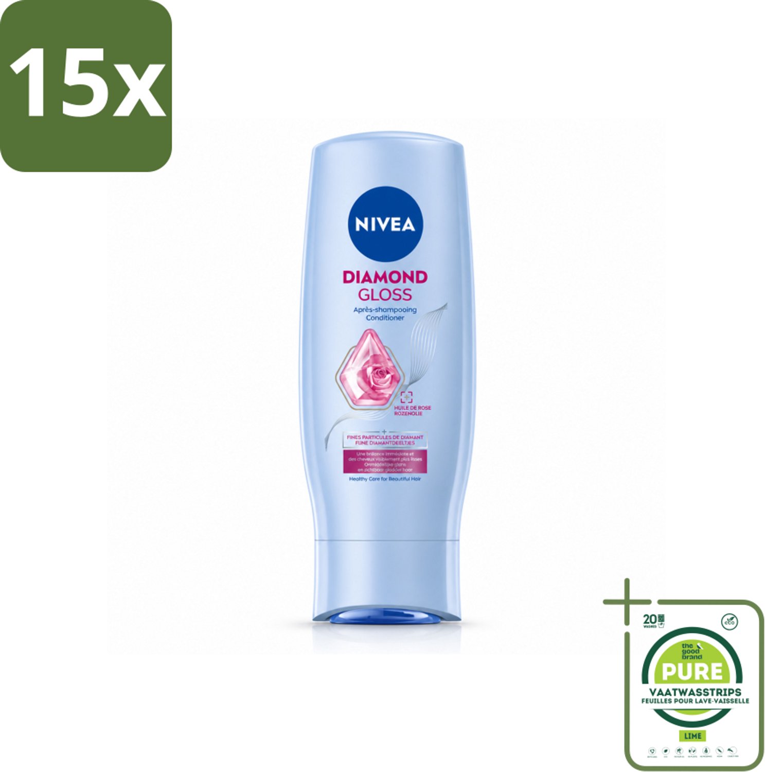 15 x NIVEA - Diamantglans Conditioner - Crèmespoeling - Voor Glans - 200 ml - Grootverpakking - Vaatwasstrips - Diamant Glans - Haar Verzorgen - Haar Glans - Haar Verzachten - Haar Doorkambaar