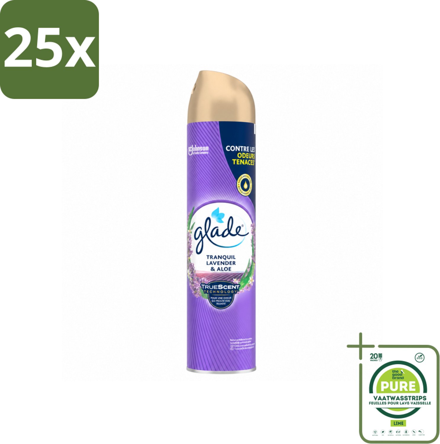 25 x Glade - Luchtverfrisser Spray - Tranquil Lavender & Aloë - 300 ml - Grootverpakking - Vaatwasstrips - Luchtverfrisser - Frisheid - Lavendel - Aloë - Geur