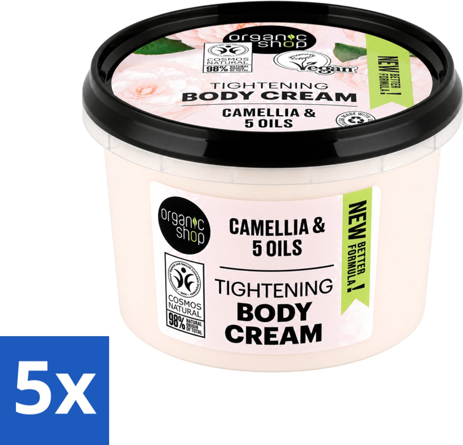 5 x Organic Shop - Organic Camellia & 5 Oils Body Cream - Verzachtend en Hydraterend - 250 ml - Voordeelverpakking - 5 stuks