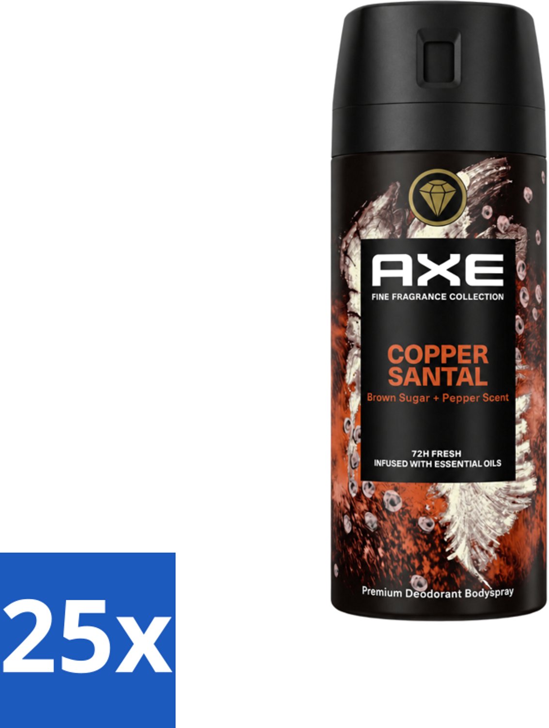 25 x AXE - Deodorant Spray - Copper Santal - Premium Geur - Warme Houtnoten - 150 m - Voordeelverpakking - 25 stuks