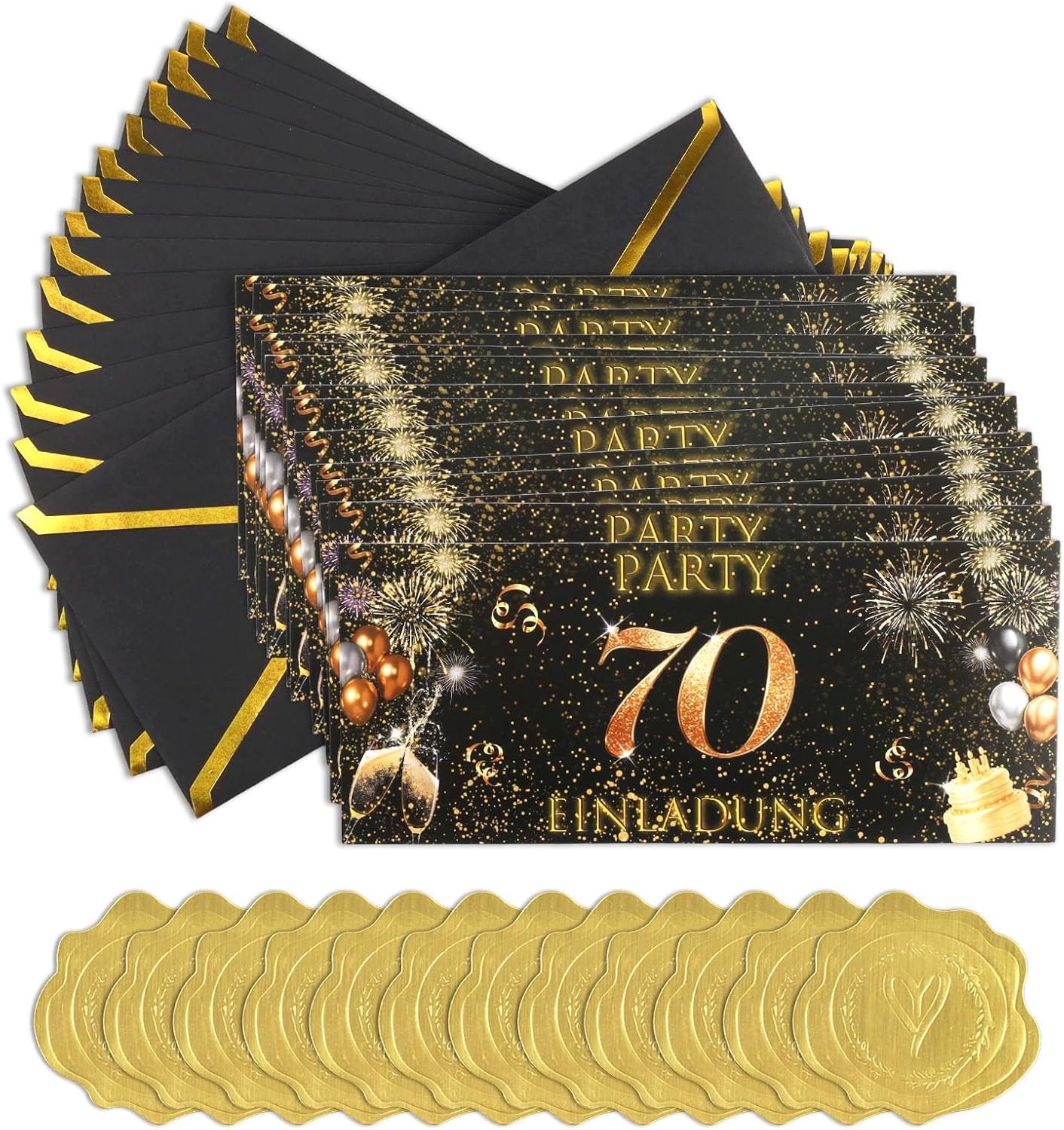 Uitnodigingskaarten 70e verjaardag, 14 stuks uitnodigingskaarten (9 x 21 cm) met enveloppen en decoratie, kaartenset in zwart en goud, uitnodigingskaart voor jubileum, viering en feest