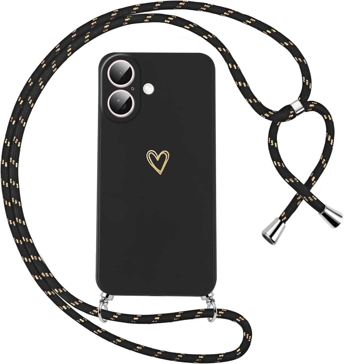 Beschermhoesje voor iPhone 16 Plus met omhangkoord, zachte siliconen hoes met hartpatroon en halsketting, schouderriem, schokbestendig, krasbestendig, verstelbare halsketting, beschermhoes